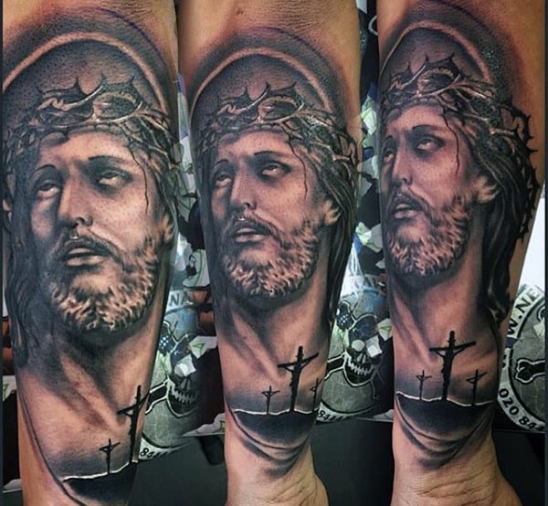 Masculine Mens Jesus Christ Cross Forearm Tattoo Sleeve