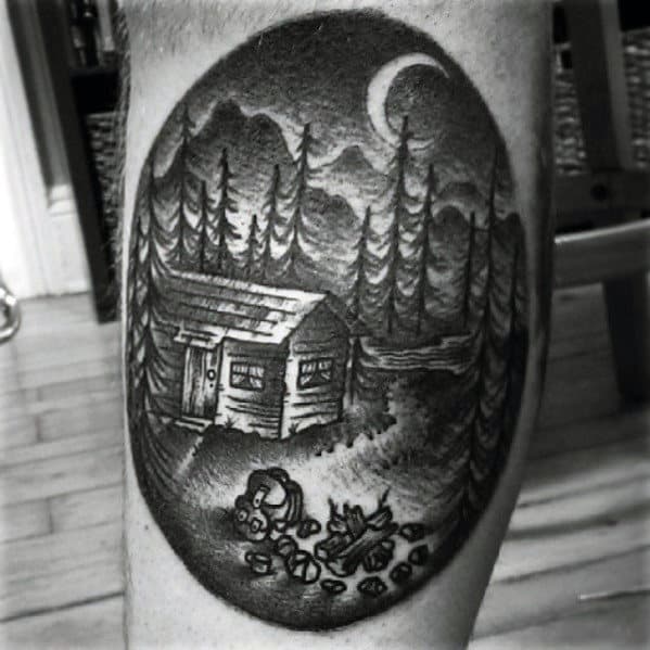 Masculine Mens Leg Cabin In The Woods Tattoo