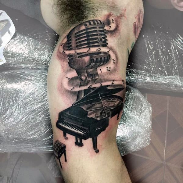 Masculine Mens Piano With Microphone Bicep Tattoo