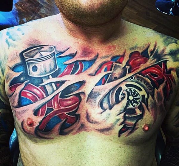 Masculine Men's Piston Tattoo On Chest Torn Open