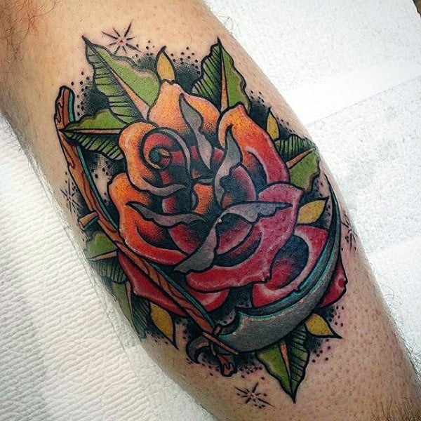 Masculine Mens Rose With Scythe Colorful Leg Calf Tattoo