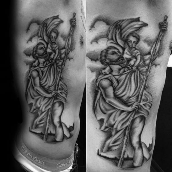 Masculine Mens Saint Christopher Tattoo Design On Rib Cage Side Of Body