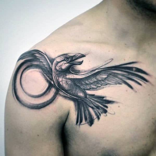 Masculine Mens Seagull Sketched Upper Chest And Shoulder Tattoo