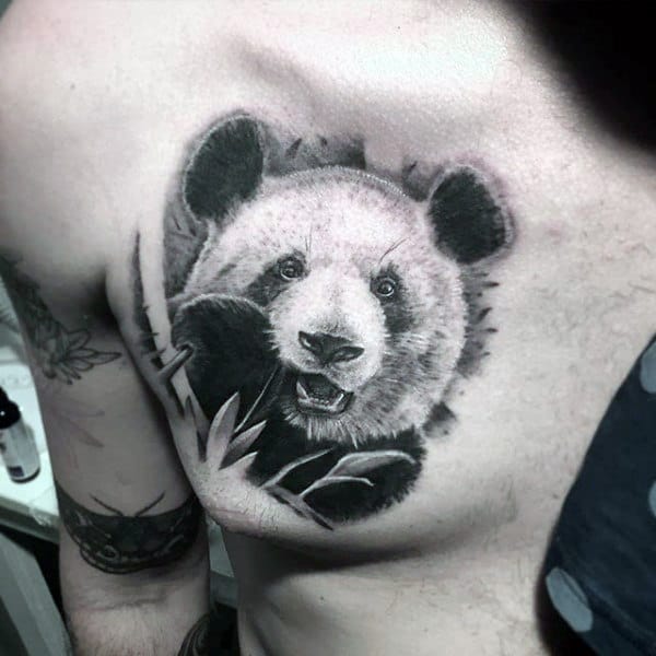 Masculine Mens Shaded Panda Tattoo On Upper Chest