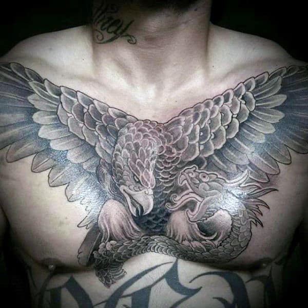 Masculine Mexican Eagle Male Upper Chest Shaded Tattoos