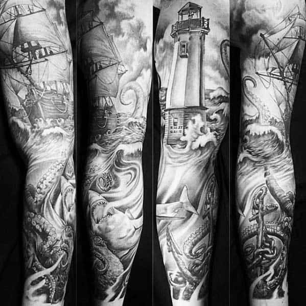 Masculine Nautical Sleeve Male Tattoos