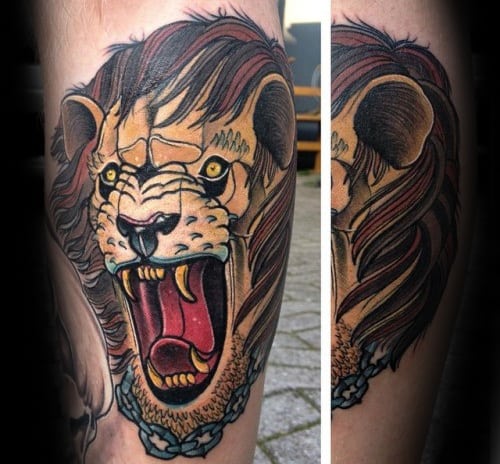 Neo-traditional roaring lion tattoo with bold lines, golden fur, deep red mouth, and chain detail for a fierce, classic design.