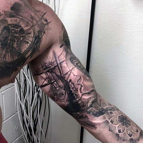 Masculine Nice Mens Ship Shaded Arm Tattoo Designs