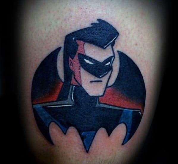 Stylized Nightwing tattoo inspired by the animated series, featuring bold lines and a bat symbol backdrop in black and red tones.