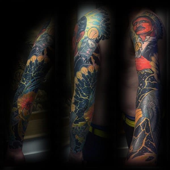 Full sleeve tattoo featuring Nikola Tesla with a surreal mix of electric patterns, birds, abstract elements, and vivid color bursts.