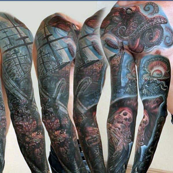 Masculine Ocean Sleeve Mens Tattoo Design Ideas