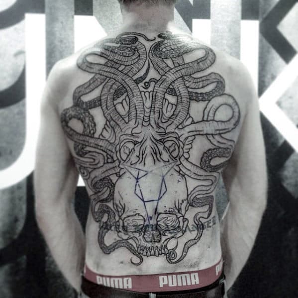 Masculine Octopus Skull Guys Back Tattoo Design Inspiration