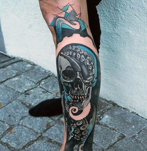 Skull entwined with octopus tentacles, accented by a ship and bold shading, with vibrant blue and black details, creating a striking, nautical-themed design.