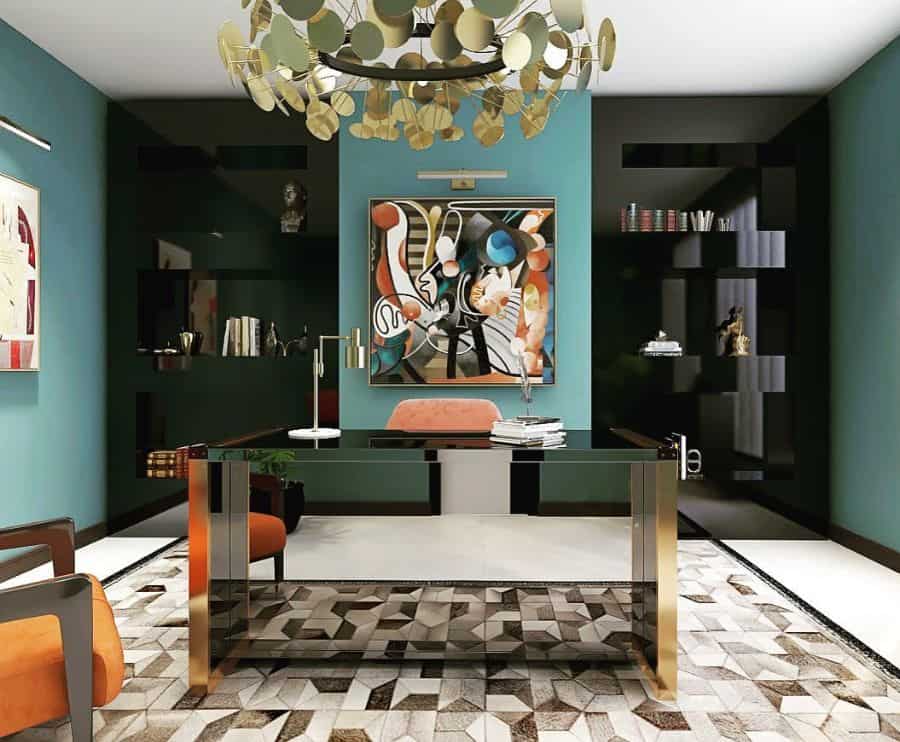modern office blue walls black desk gold accents abstract wall art orange accent chair