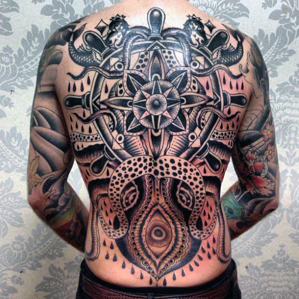 Masculine Old School Black Ink Traditional Back Tattoos For Men