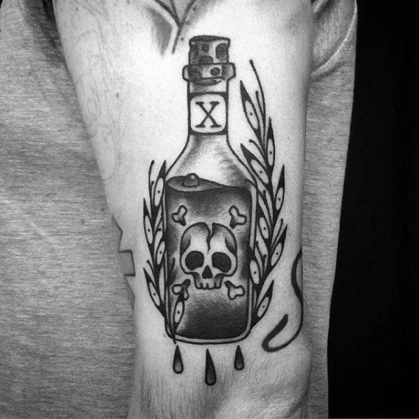 Masculine Outer Arm Poison Bottle Tattoos For Men