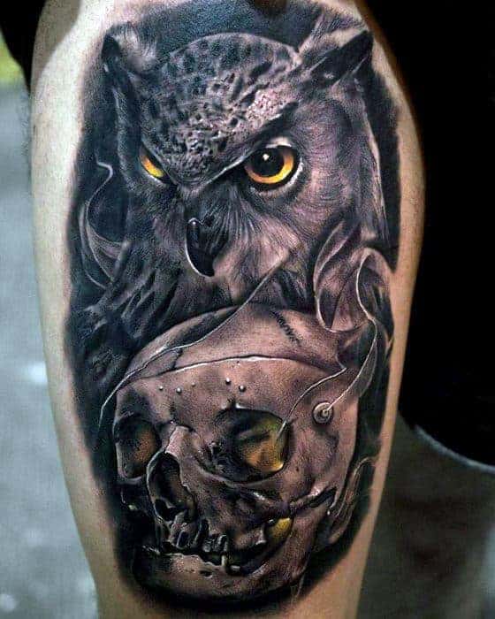 Owl with piercing eyes perched on a skull tattoo design