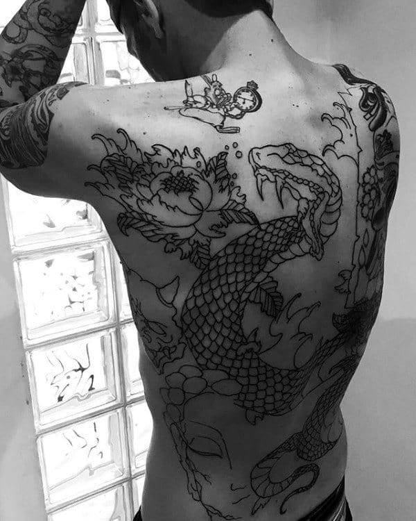 Masculine Peony Flower With Cobra Snake Mens Full Back Tattoo Black Ink Outline Designs