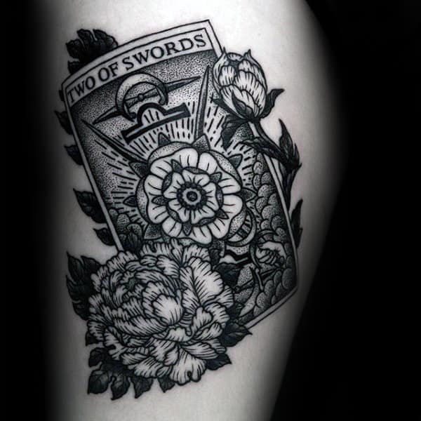 Masculine Peony Two Of Swords Thigh Tattoos