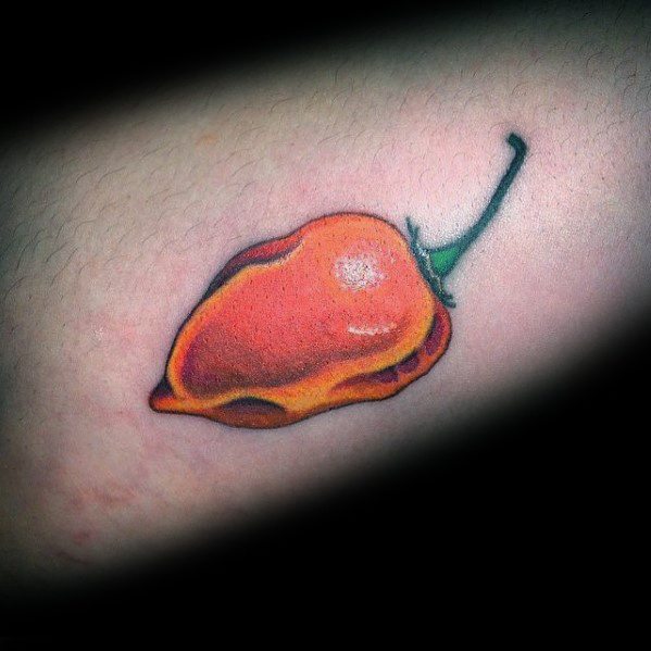 Realistic habanero pepper tattoo with vibrant orange shading and a green stem, creating a bold and fiery design.