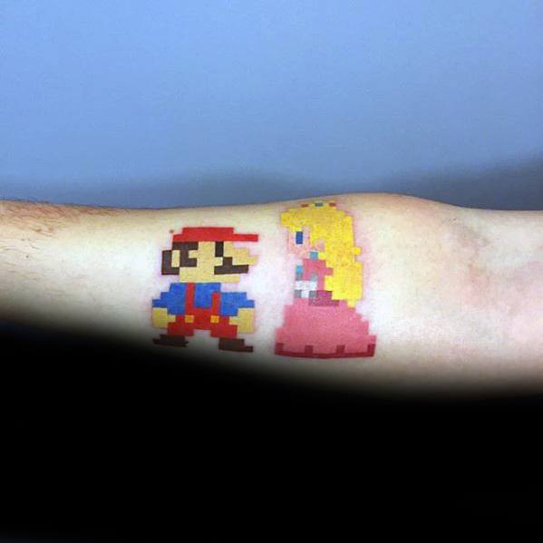 Masculine Pixel Super Mario With Princess Inner Forearm Tattoos For Men