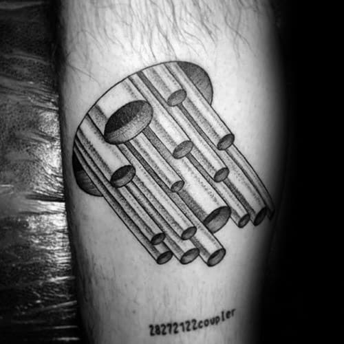 Black and grey tattoo of multiple pipes extending from a coupler with shaded lines and the text 28272122coupler below.