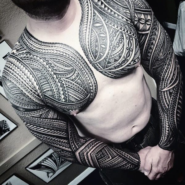 Masculine Polynesian Chest Tattoo Ideas For Guys