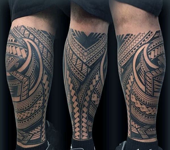 Masculine Polynesian Tribal Leg Sleeve Tattos For Men