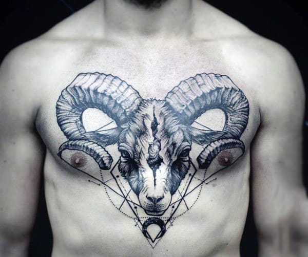 Masculine Ram Linework Guys Chest Tattoos