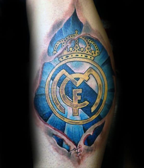 Masculine Real Madrid Tattoos For Men Ripped Skin Leg Calf