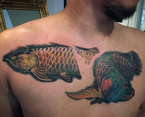 Masculine Realistic 3d Fish Arowana Tattoos For Men On Chest