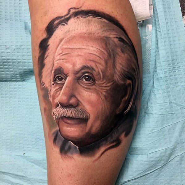 Masculine Realistic Leg Calf Albert Einstein Tattoos For Men