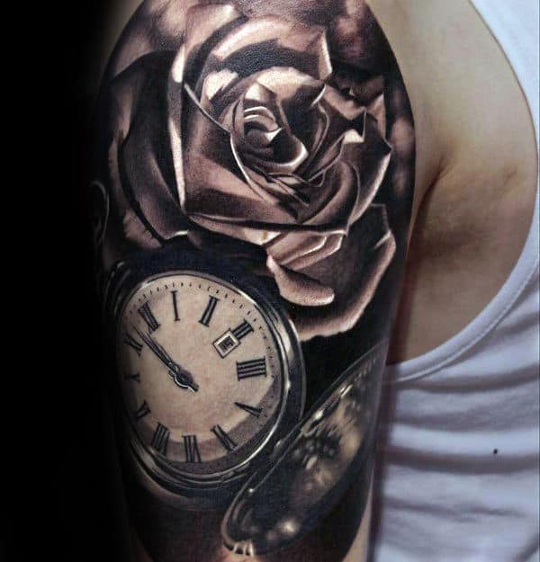 Arm tattoo of a rose and pocket watch with Roman numerals