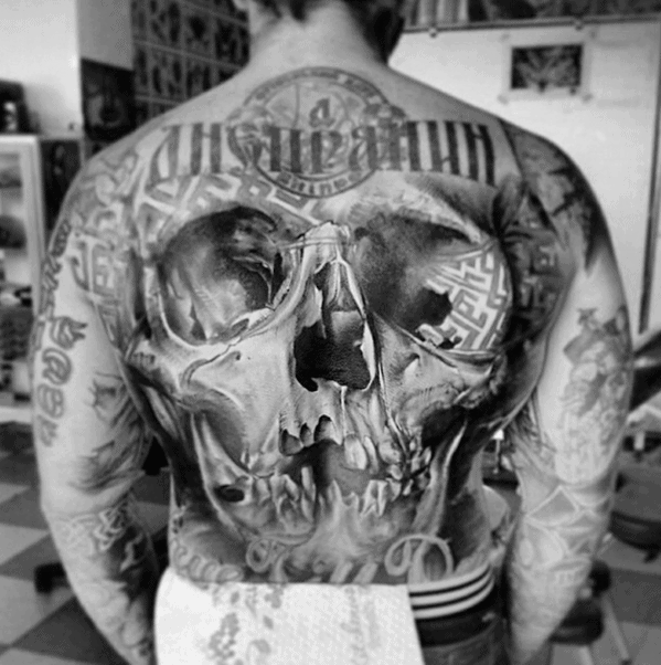 Masculine Realistic Skull Mens Back Tattoo