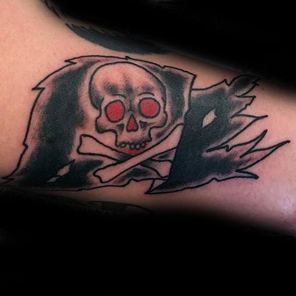 Masculine Red And Black Ink Pirate Flag Guys Small Old School Tattoo On Arm