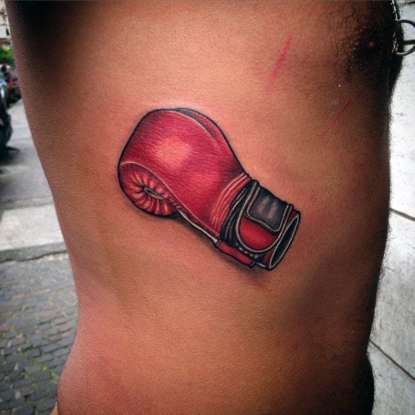 Masculine Red Boxing Glove Tattoo On Rib Cage Side For Men