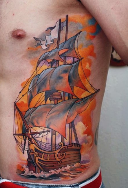 Masculine Rib Cage Side Pirate Ship Tattoo
