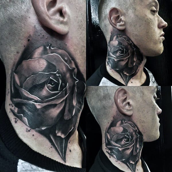 Throat tattoo featuring a bold black and gray realistic rose with intricate shading, soft petals, and a dramatic, detailed design