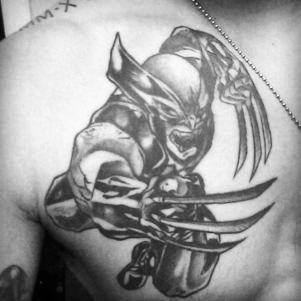 Masculine Running Wolverine Tattoo Design On Mans Upper Chest