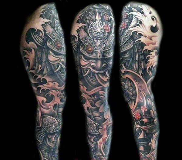 Masculine Samurai Mask And Sull Warrior Full Sleeve Tattoo For Men