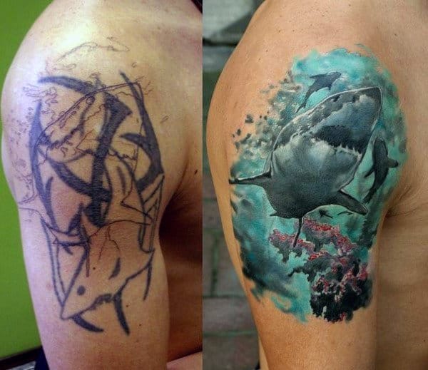 Masculine Sharks Tattoo Designs On Arm Cover Up