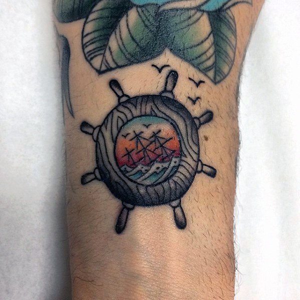 Masculine Sinking Ship With Wheel Small Forearm Tattoos For Men