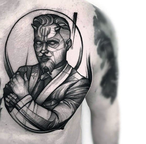 Masculine Sketch Devil Chest Tattoos For Men