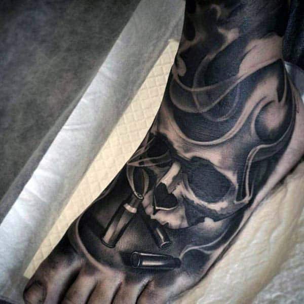 Masculine Skull And Bullet Smoking Foot Tattoo Sleeve