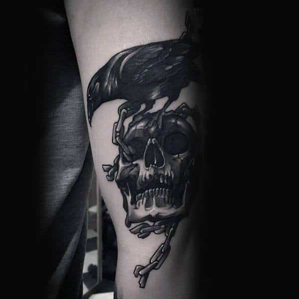Masculine Skull And Crow Guys Inner Forearm Tattoo Ideas
