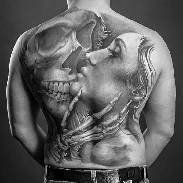 Emotive back tattoo of a skull tenderly cradling and kissing a woman’s face, symbolizing love, death, and the passage of time.