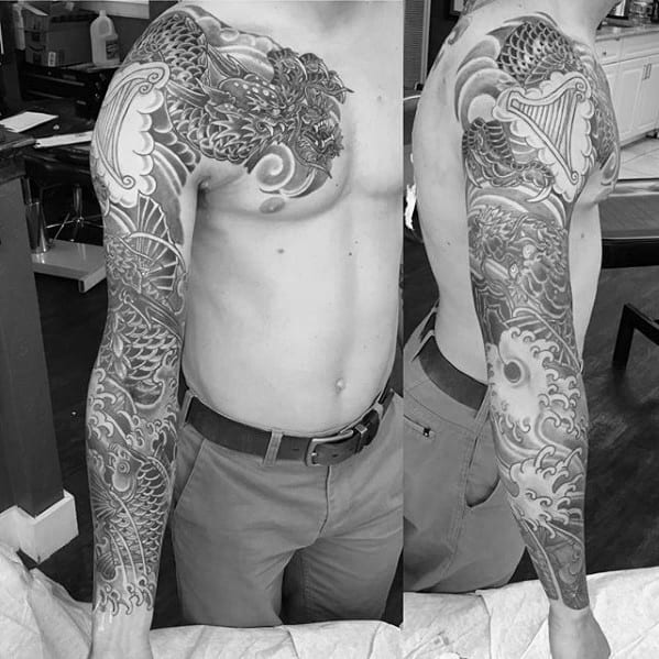 Masculine Sleeve Tattoo With Koi Dragon Theme For Men