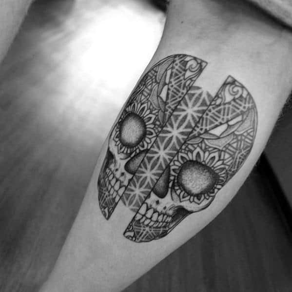 Masculine Smal Skull Ornate Geometric Leg Tattoos For Men