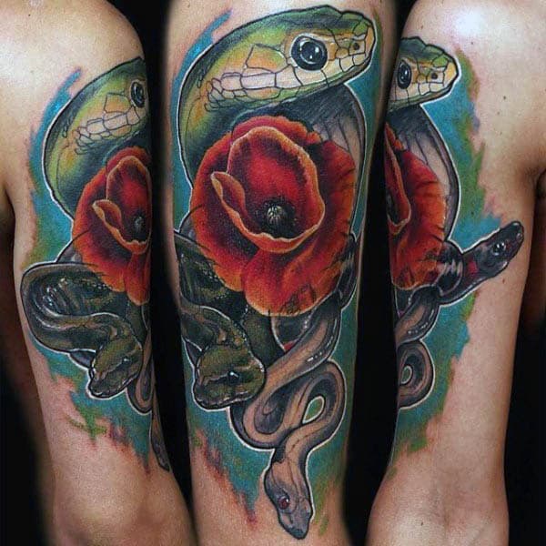 Masculine Snake Poppy Flower Tattoo For Guys On Upper Arm