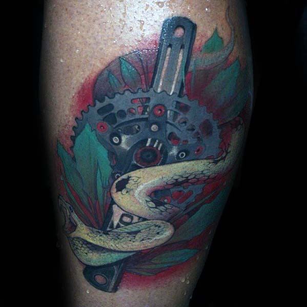 Masculine Snake With Bmx Gear Mens Leg Tattoo